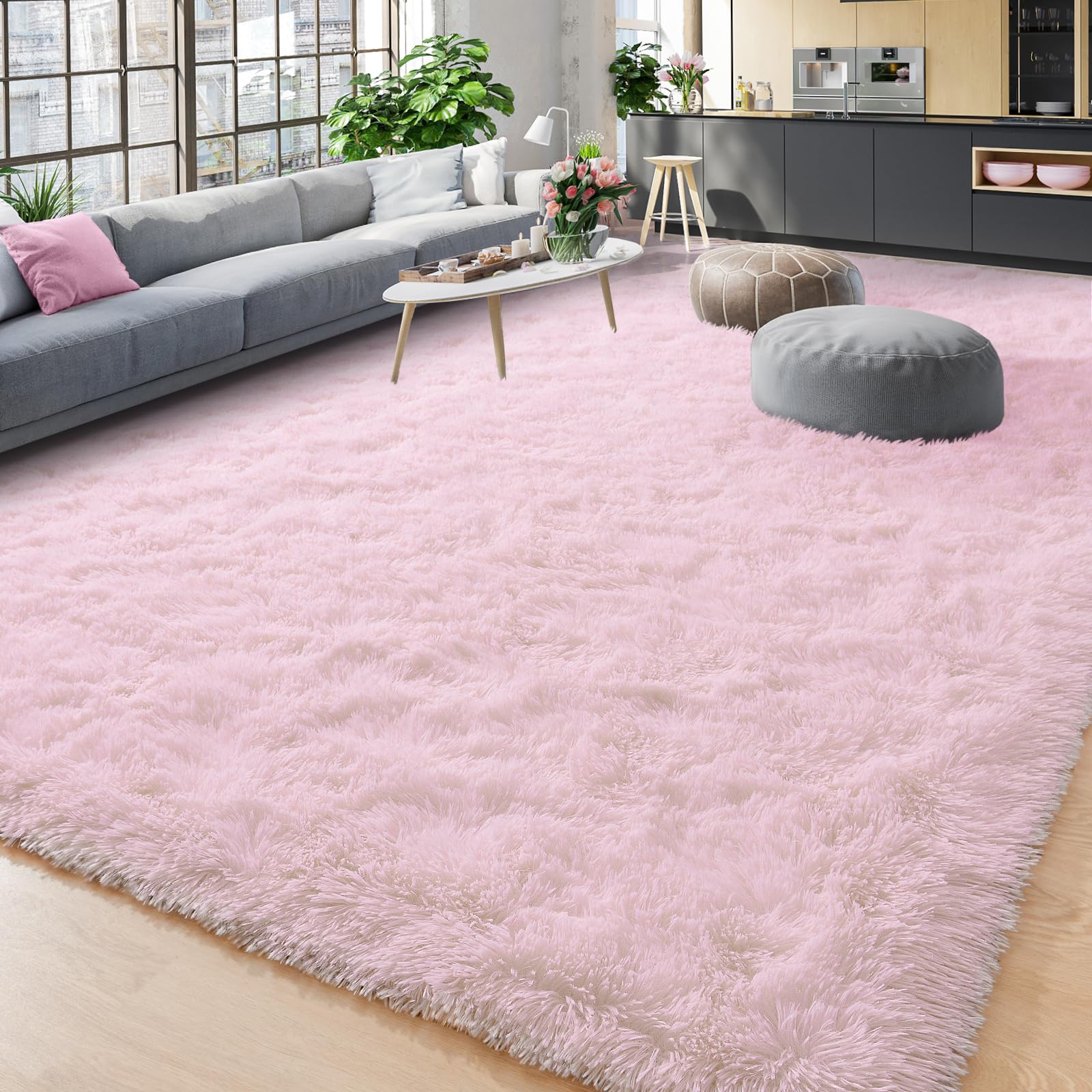 YJ.GWL Area Rugs 8x10 Feet for Living Room, Ultra Soft Fluffy Pink Bedroom Rug, Large Non-Slip Comfy Shag Carpet Nursery Playroom Rug, Indoor Modern Fuzzy Rug for Kids Girls Room Home Decor