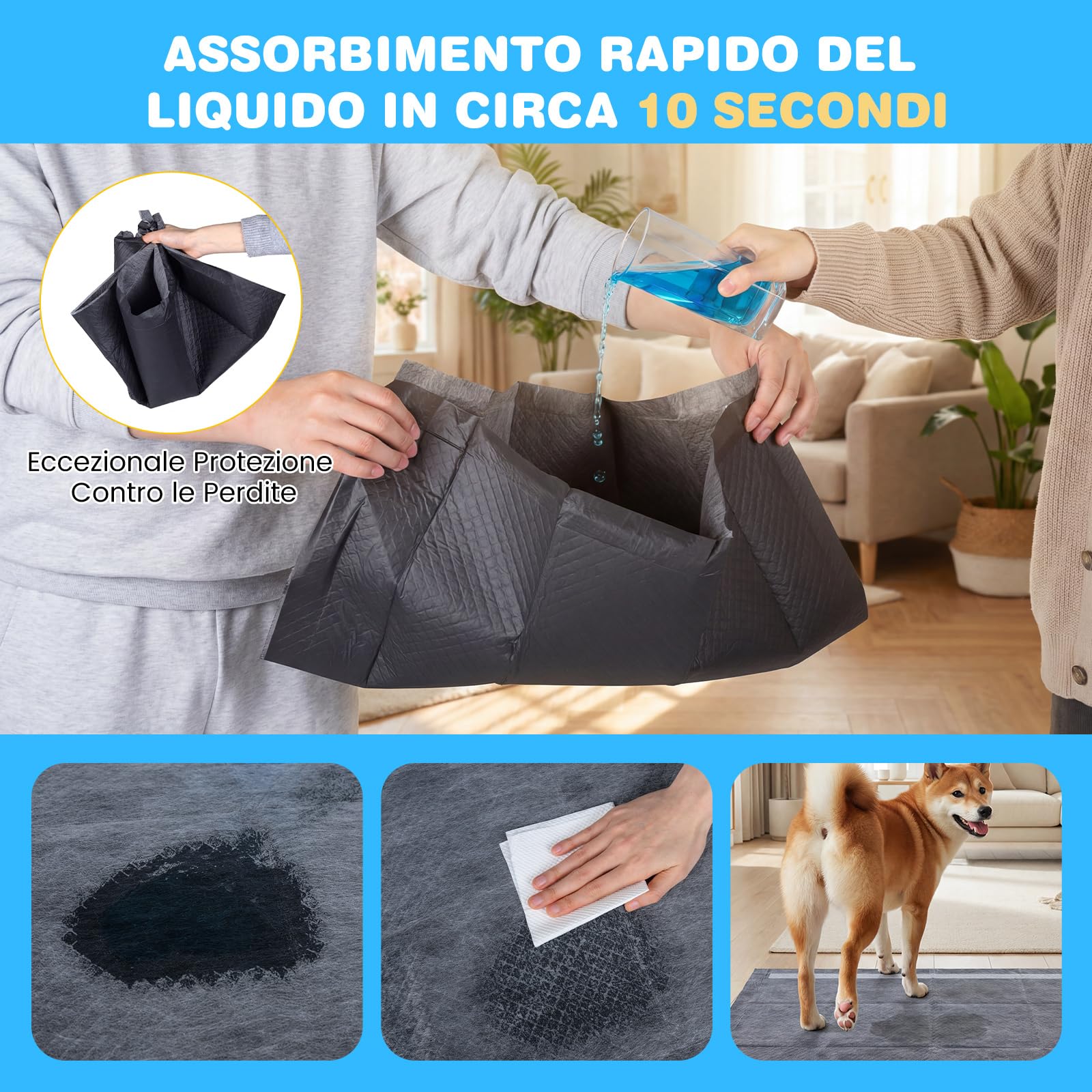 COSTWAY Tappetini Igienici per Cani al Carbone Attivo, 6 Strati Impermeabili per Addestramento Pipì Cani e Conigli, Rapido Asciugatura, Usa e Getta per Interni ed Esterni, 60x60cm