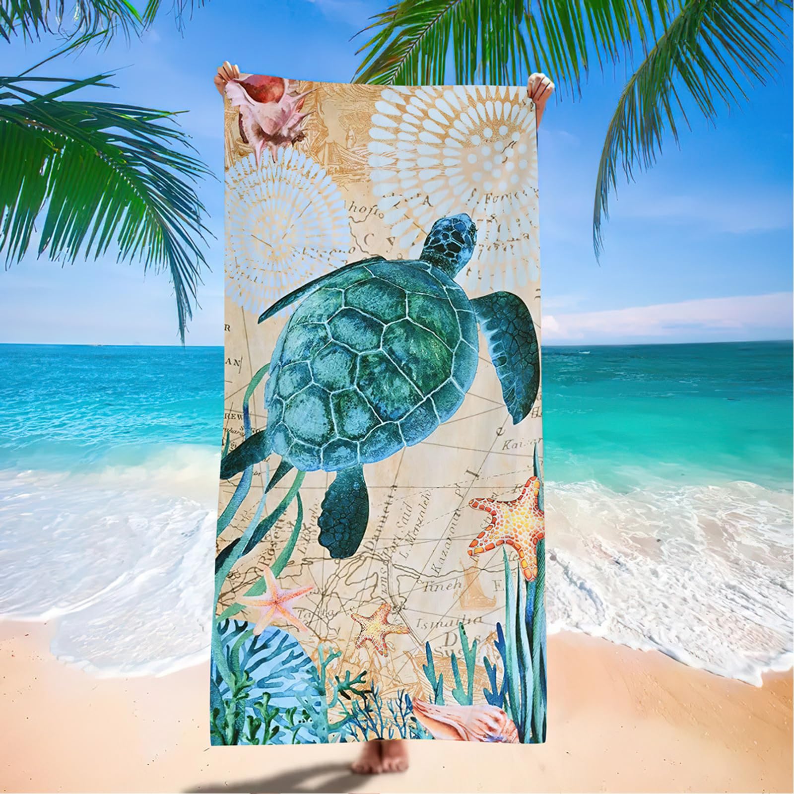 Ręcznik plażowy 90 x 180 cm ręcznik plażowy XXL, bez piasku, z żółwiami morskimi