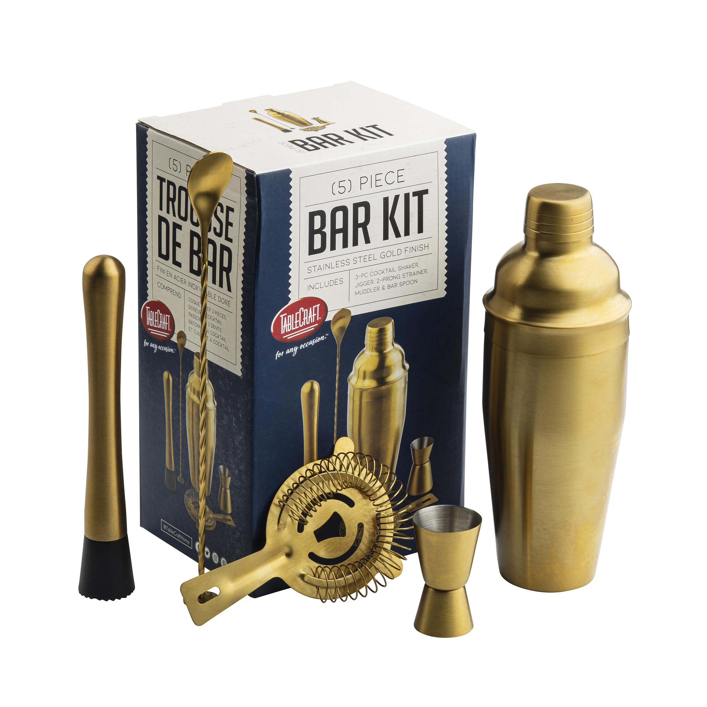 Kit de bar dorado (5 piezas) dorado 5.5 x 3.6 x 11.9 pulgadas, acero inoxidable (18-8) incluye coctelera de 3 piezas de 24 onzas, medidor (1/2 oz y 1 onza), colador de 4 puntas, mortero y cuchara de