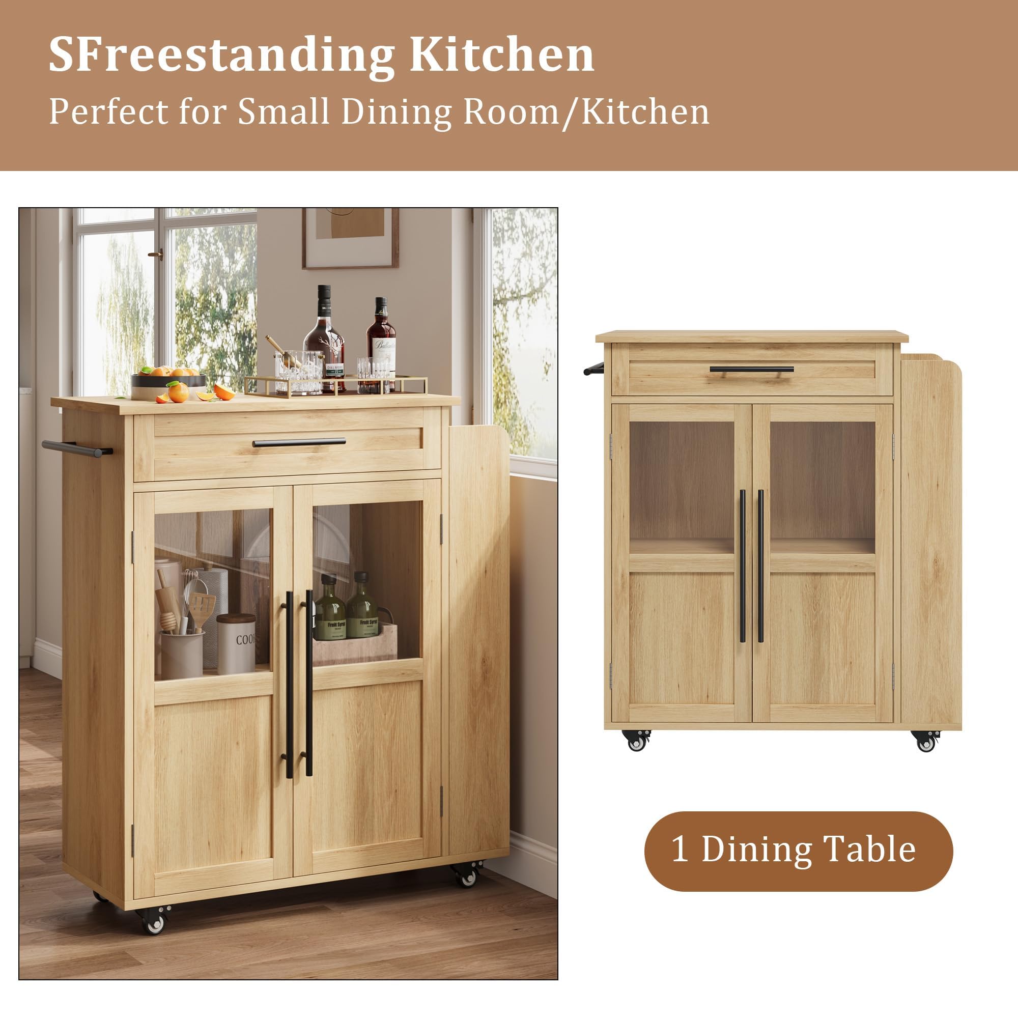 Îlot de Cuisine sur roulettes Style Farmhouse, Chariot de Rangement 60 cm - 2 Portes vitrées + 1 tiroir, étagères 3 Niveaux, Range-épices & Porte-Serviettes, Roues verrouillables - Bois