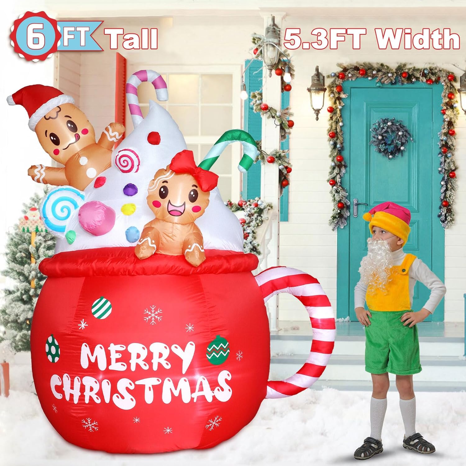 Christmas Inflatable Outdoor Decorations 6FT Gingerbread Inflatables Christmas Blow Up Gingerbread Man Hot Cocoa Mug Candy Cane Yard Decor with Led Lights Xmas Holiday Garden Lawn Outside Decor