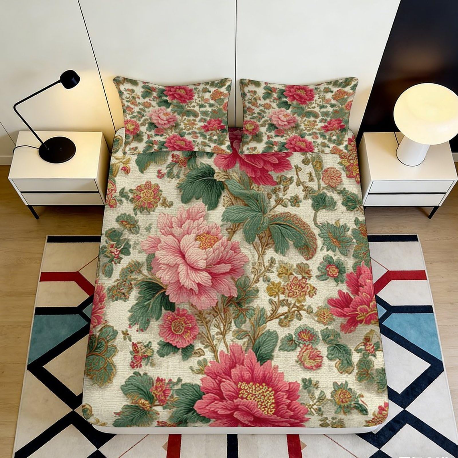 Jqzkxnhpbr Style-5 3D Printed Peony Floral Fitted Sheet Microfiber Soft Breathable Lotus Blossom Bed Cover For Bedroom Decor 90X200x25cm