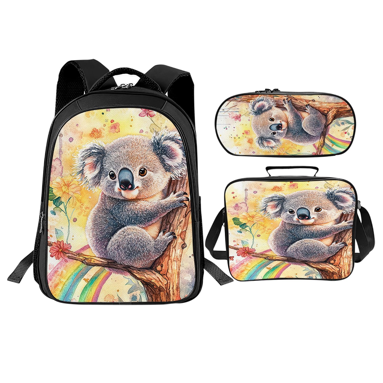 Cute Koala Backpack Set 3 Piece School Bags and Lunch Box with Pencil Case Koala Animal Rainbow Bookbag