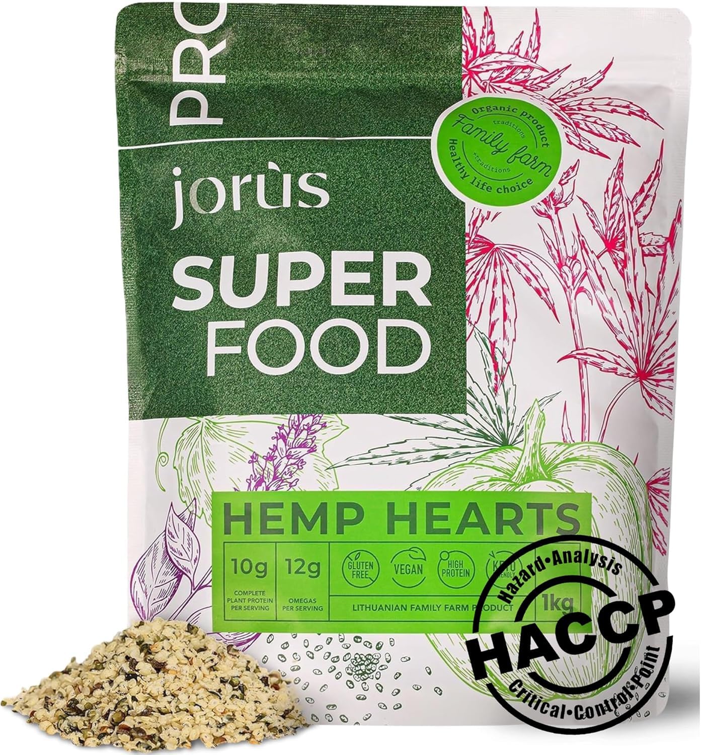 Jorus Natural Shelled Hemp Seeds 1KG HACCP Certified - Plant Protein, Omega 3 & 6, Amino Acids, Minerals, Vegan - Grown in Europe Under Strict EU Standards