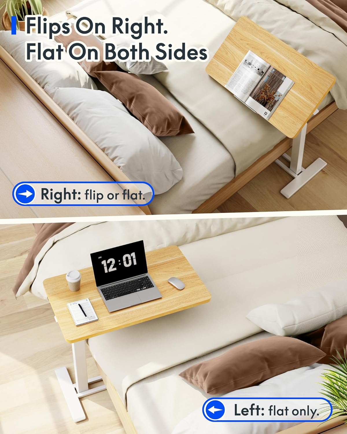 FLEXISPOT H7 PRO Mobile Standing Desk Adjustable Overbed Table Pneumatic with Wheels 90°Tiltable Portable Laptop Desk Rolling Computer Cart Foldable Bedside Table(31.5" W x 17.7" D D, Maple)