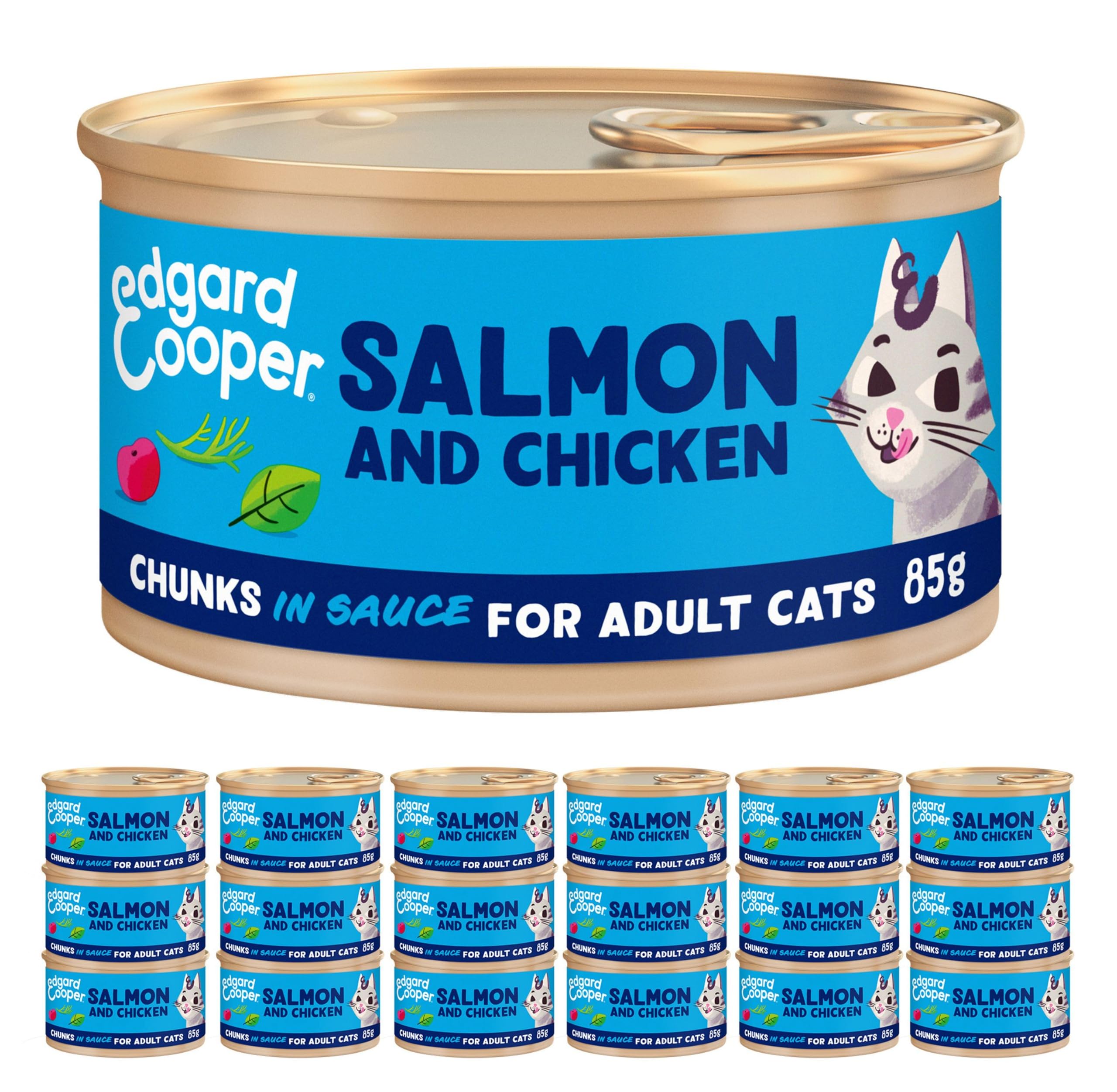 Edgard Cooper Grain Free Wet Cat Food in Gravy for Adult Cats (Salmon&Chicken 16 x 85g), Natural Cat Food in Chunks for Sterilized or Active Cats, No Added Sugar