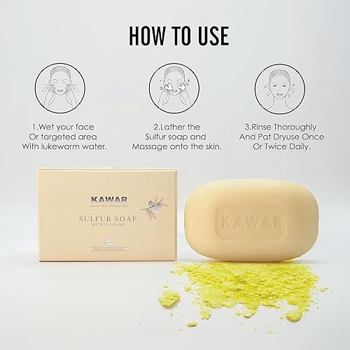 Miniatura 7 de KAWAR Jabón de azufre del mar muerto con aceite de oliva, alivia condiciones de la piel como acné, psoriasis, eccema y puntos negros, para piel