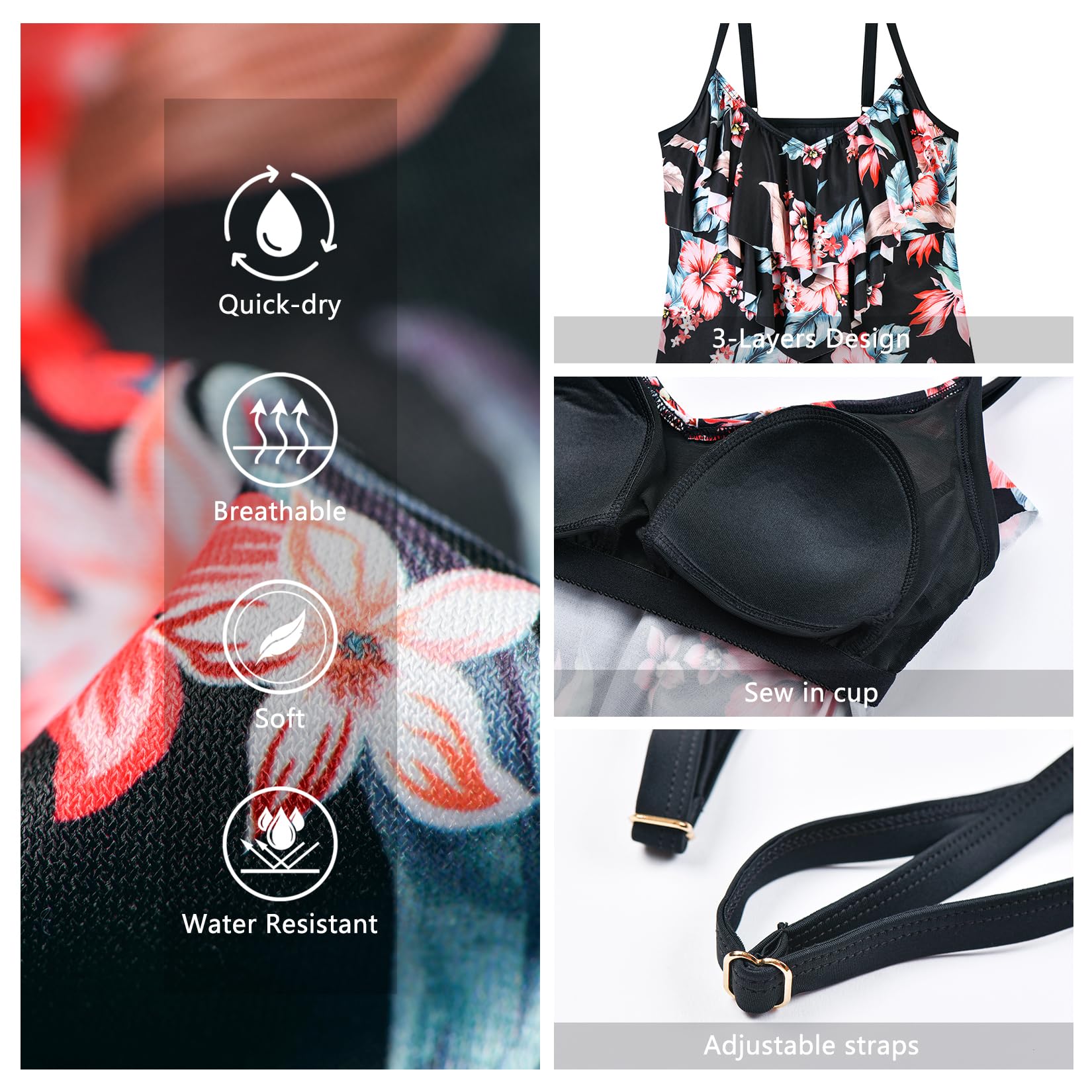 WIN.MAX Set di Costumi da Bagno Tankini da Donna Vita Alta Balza arruffata 2 Pezzi Bikini Set Costume da Bagno Plus Size Costume da Bagno