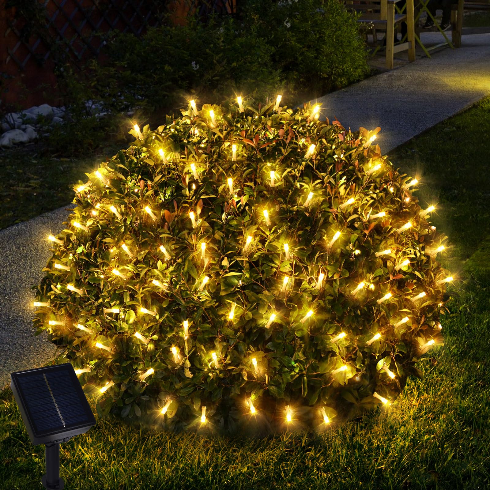 Solar Powered Christmas Net Lights Outdoor, 8 Modes Mesh Lights Decorations for Bushes, Garden, Yard, 6.56Ft*6.56Ft (Warm White)