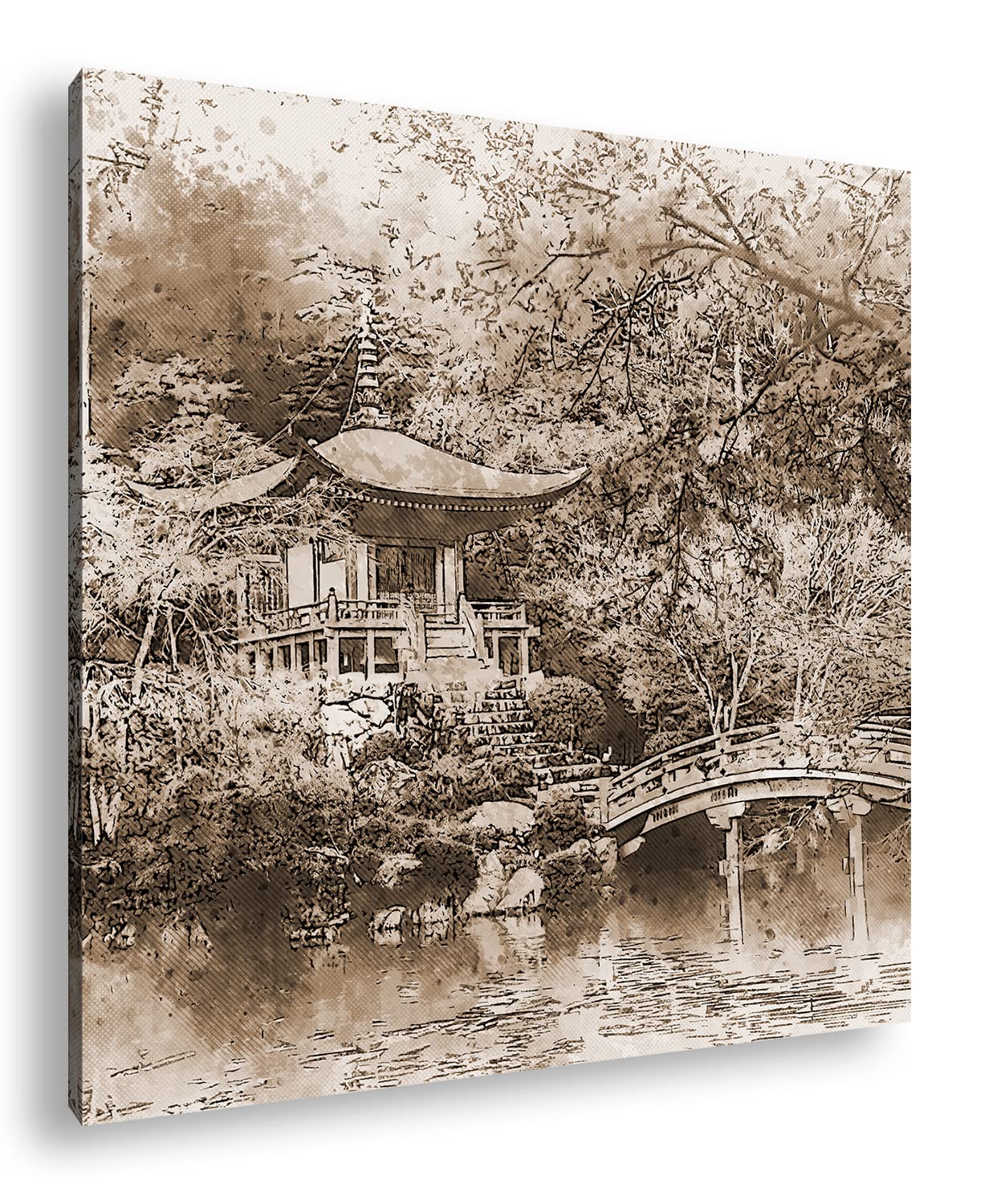 Effet jardin japonais traditionnel : sépia, format : 70 x 70 cm, motif monté sur cadre en bois véritable, impression numérique de haute qualité, pas de poster ni d'affiche.