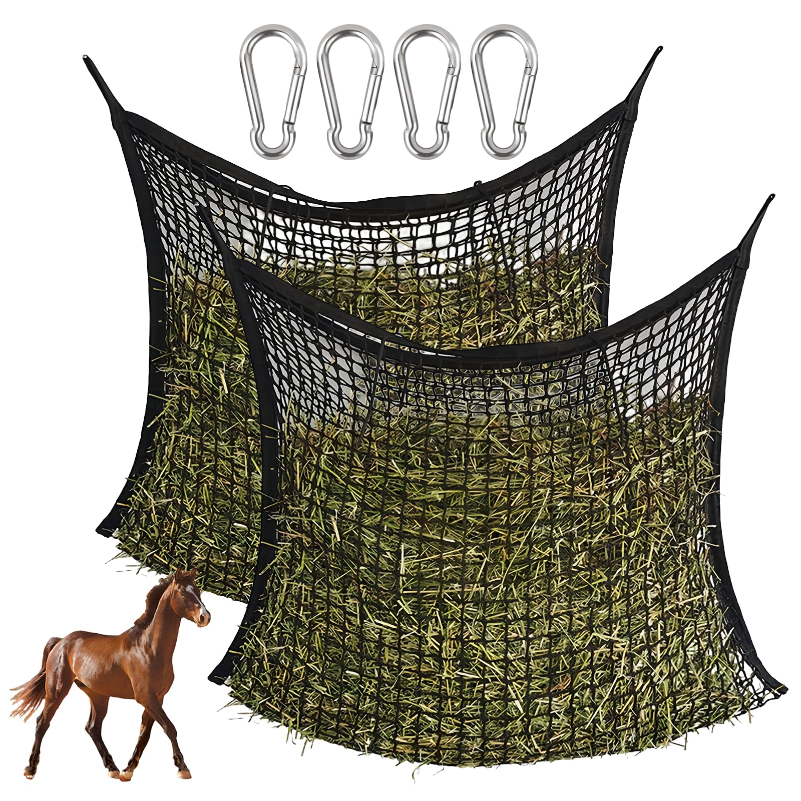 PORFOYO 2 bolsas de heno para caballos, 60 x 90 cm, malla estrecha, red de heno para caballos, bolsa de heno con 4 mosquetones, bolsa de malla estrecha para heno, capacidad de 8 kg, color negro