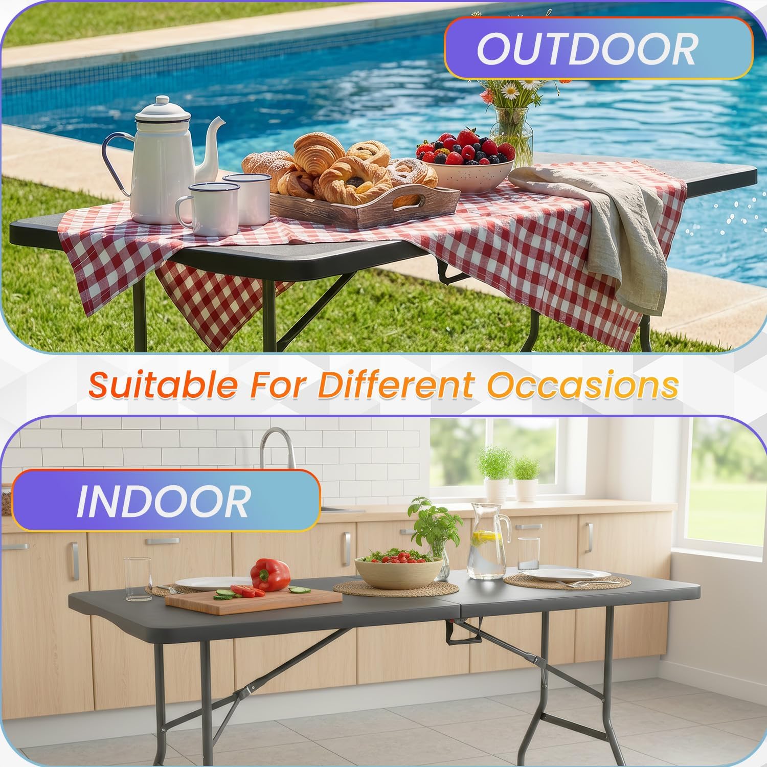 FDW 6FT Folding Table, Portable Fold-in-Half Plastic Picnic Party Table with Carrying Handle （Black, 6FT）