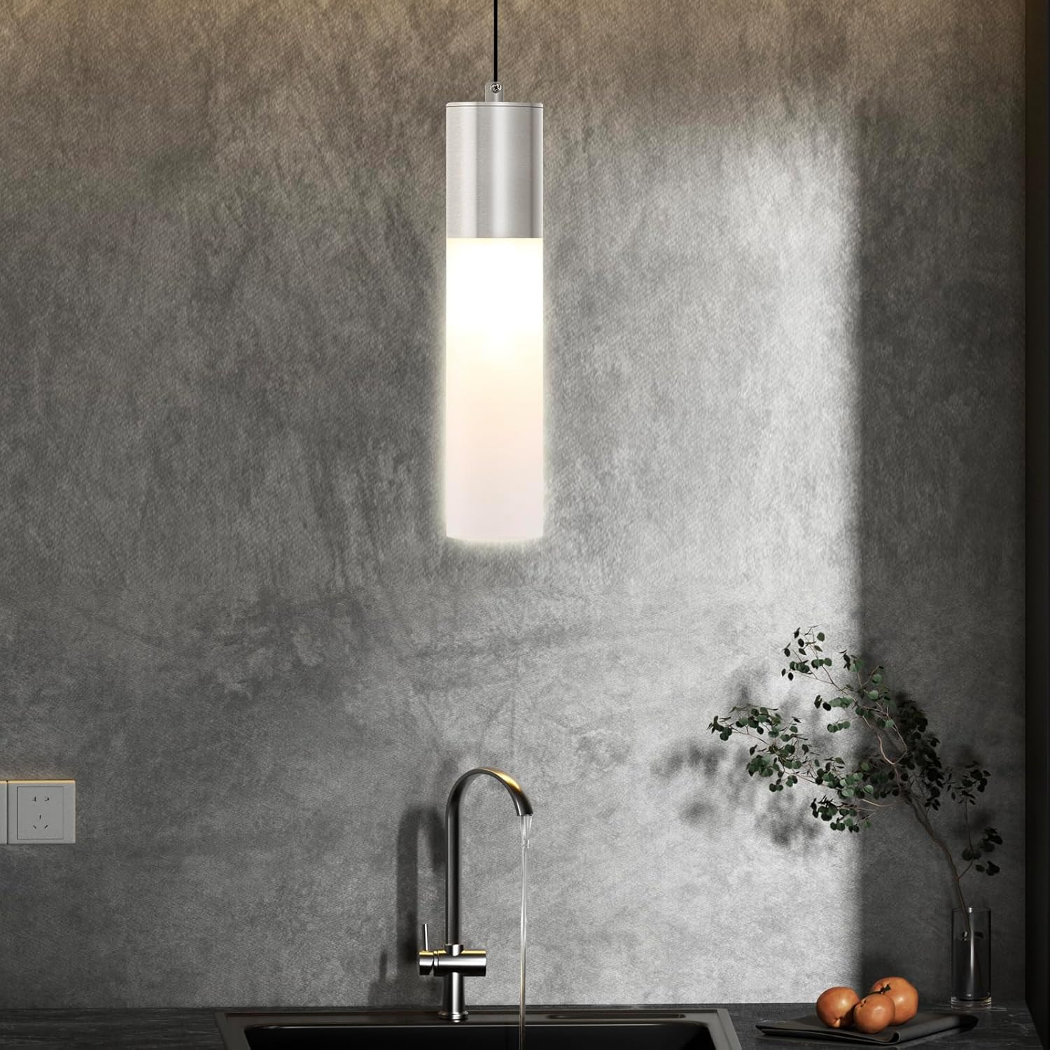 LED Kitchen Pendant Lighting Over Sink 1-Light Brushed Nickel Pendant Lights Modern Dining Table Lights Ceiling Hanging Lamp with Milky White Lampshade, Adjustable Height, 3000K-6000K