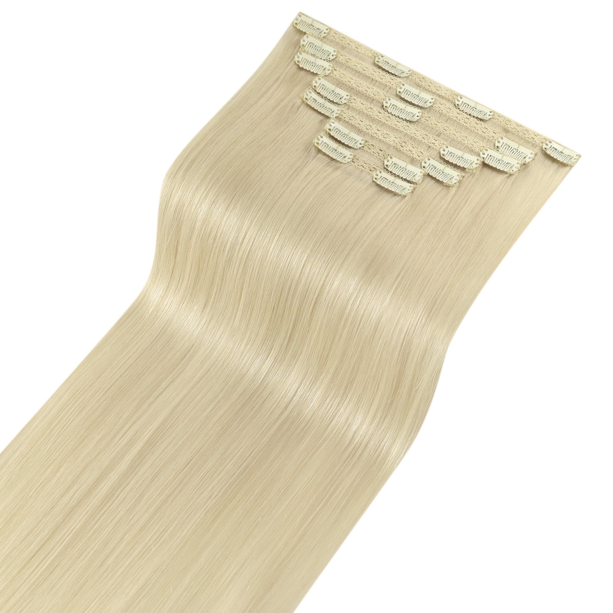 Fshine Clip Extensiones Humano 22 Pulgadas 55CM 120g Extensiones de Pelo Rubio Blanco Remy Hair Clip in Extensiones 7 Piezas Color 60 Extensiones de Cabello Natural Color 60 — view 7