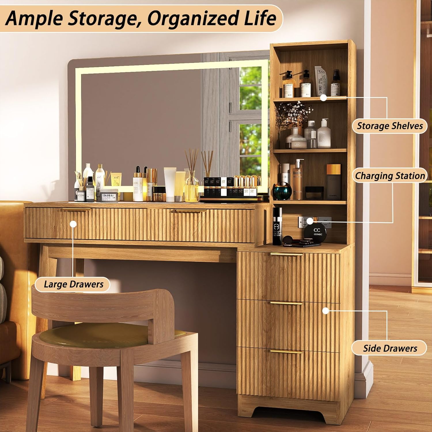 Fluted Makeup Vanity Desk: 48" Oak Vanity Desk with Mirror and Lights, Glass Top Makeup Desks with 5 Drawers, Large Make Up Table with Outlets for Women