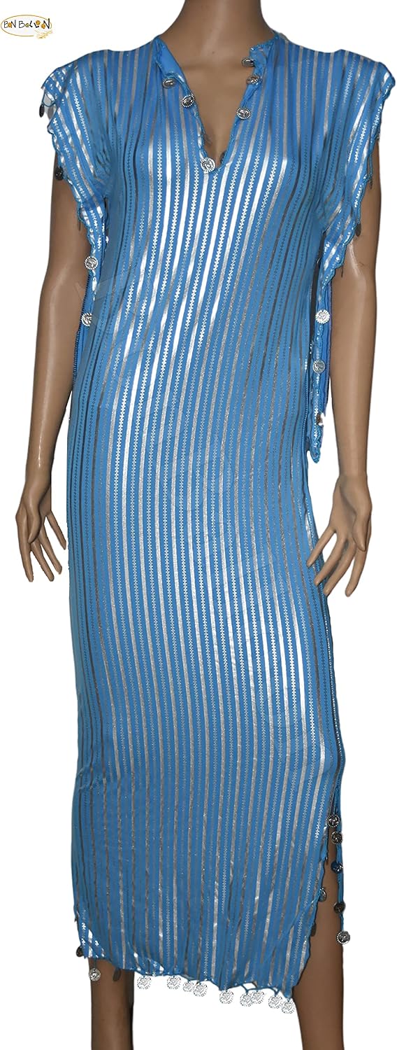 Egyptian Belly Dance Nancy Stretchy Folkloric Dancing Outfit Galabeya Oriental Abaya Dress Dresses Costume Baladi Saidi Fallahi Carnival Sequins Handmade Bellydance Women (Light Blue x Silver)