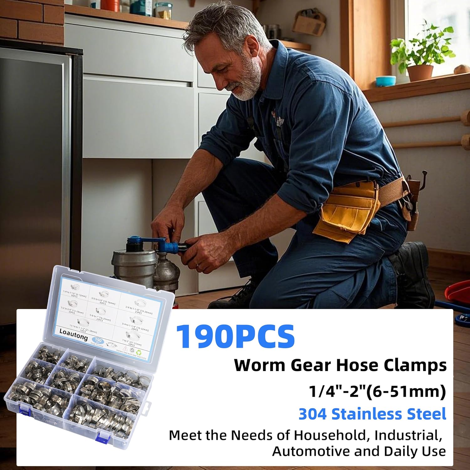 190PCS Worm Gear Hose Clamp Assortment Kit, 1/4"-2"(6-51mm) 304 Stainless Steel Heavy Duty Hose Clamp, Adjustable Worm Gear Hose Clamps Screw Clamps Duct Tube Line Pipe Metal