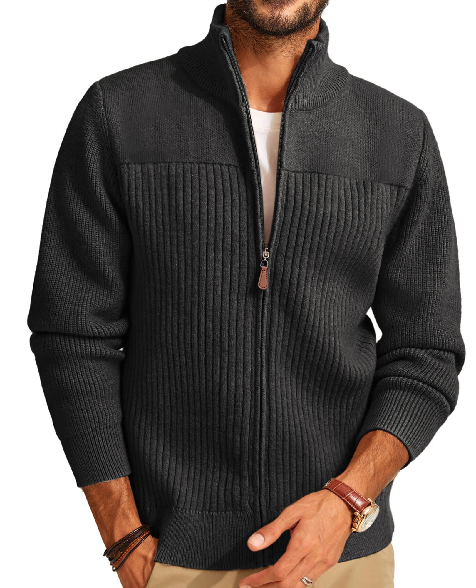 pj paul jones Men's Full Zipper Cardigan Casual Stand Collar Cardigan Sweater Ribbed Knit Long Sleeve Sweater, Dark Grey, Medium-picture-28