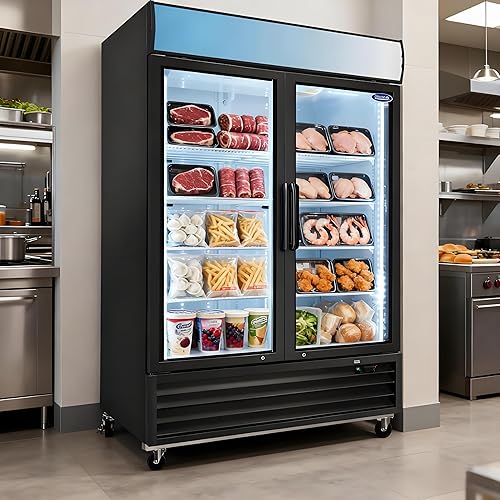Glass Door Merchandiser Freezer 70 Cu.ft Swing Door Commercial Reach-In Display Freezers with LED Top Panel Upright Freeze Storage (Double-door version)