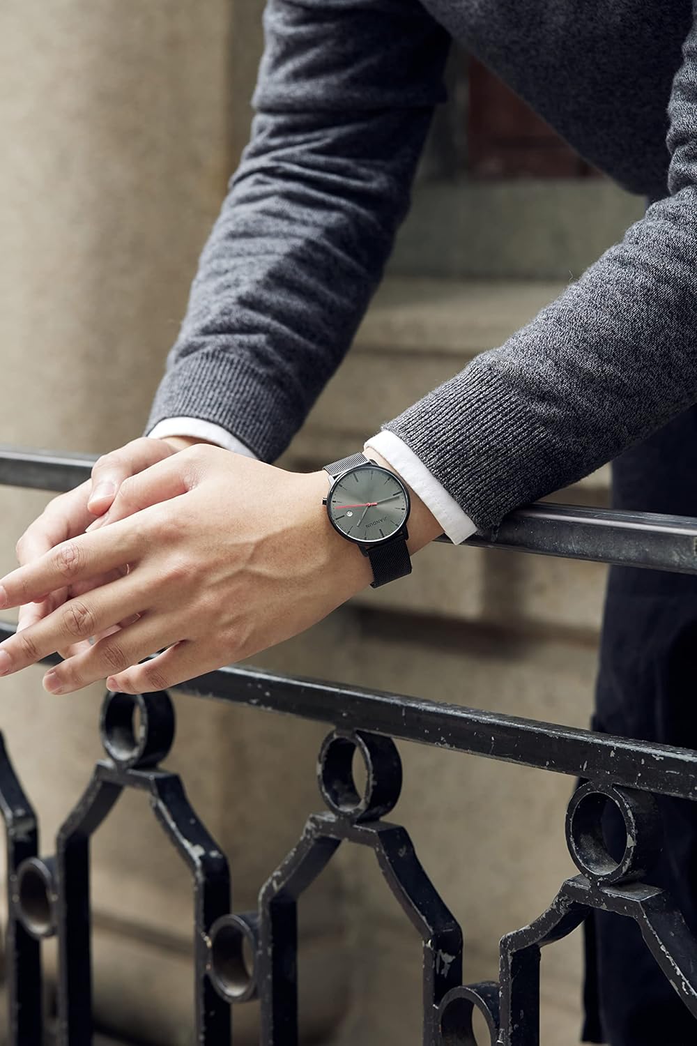 JIANDUN Mens Ultra-Thin Minimalist Wrist Watches for Men Dress Stainless Steel Mesh Band Waterproof(Black - Black face red Second) - Image 6