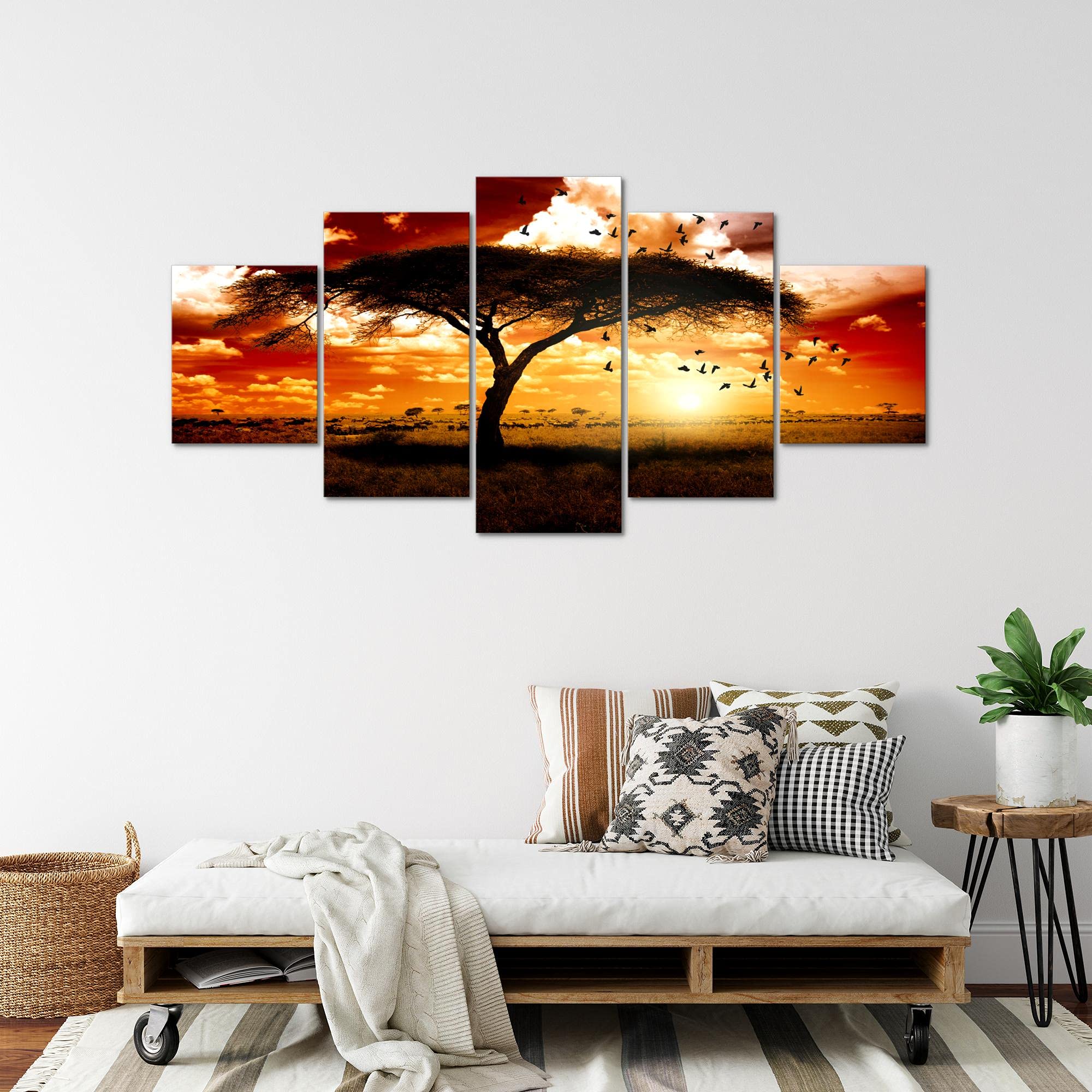 Runa Art - Tableau Afrique Le Coucher Du Soleil 200 x 100 cm 5 Parties XXL Decoration Murale Dessin Orange 001551c