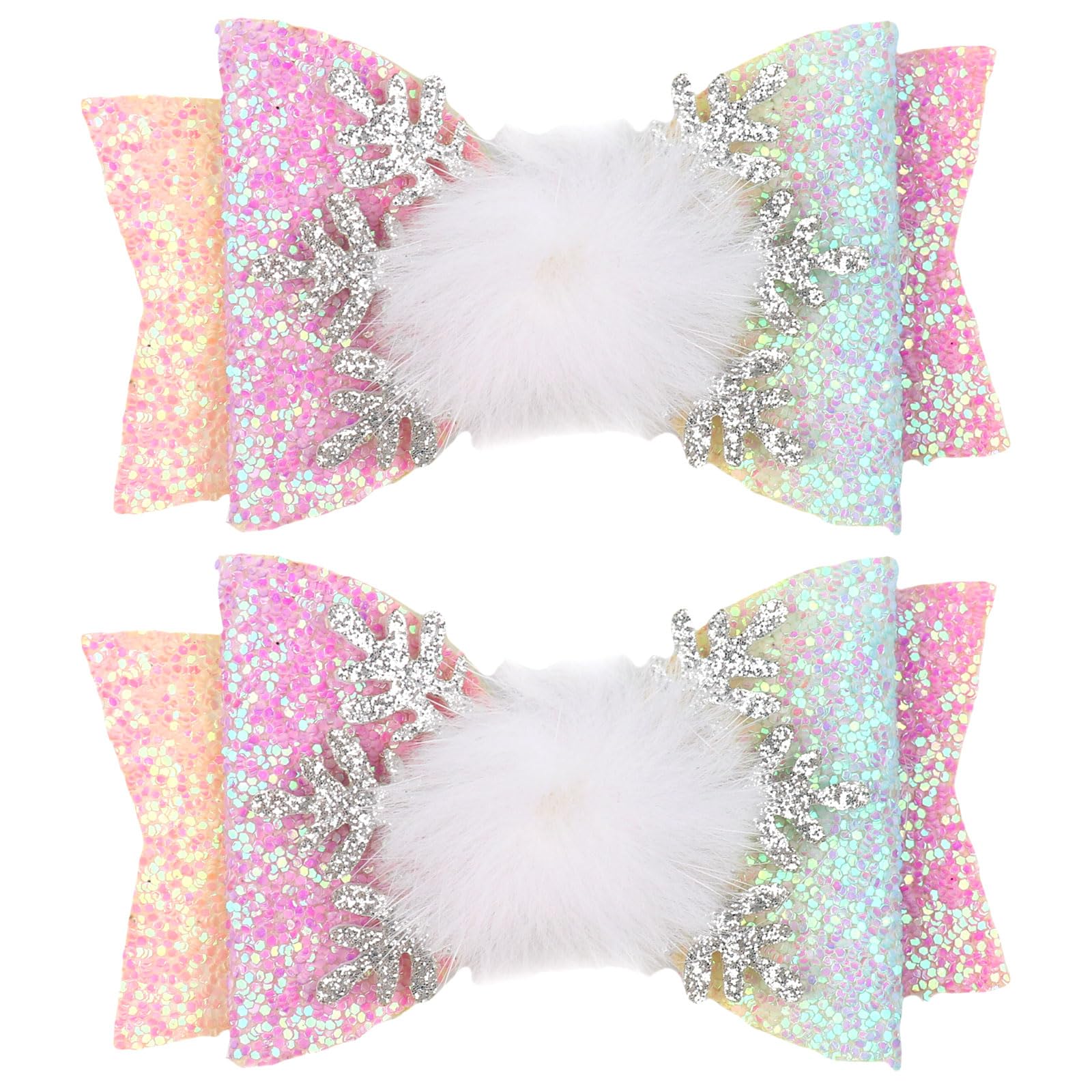 HIFANMM Snowflake Hair Bows Christmas Hair Clips for Women Girls, Rainbow Glitter Bow Hair Accessories Snow Hairball Hairpins Cute Bow Alligator Hair