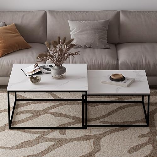 Miniatura 9 de Juego de 2 mesas auxiliares anidables, mesa auxiliar para exteriores, mesas auxiliares industriales para sala de estar y dormitorio (blanco)