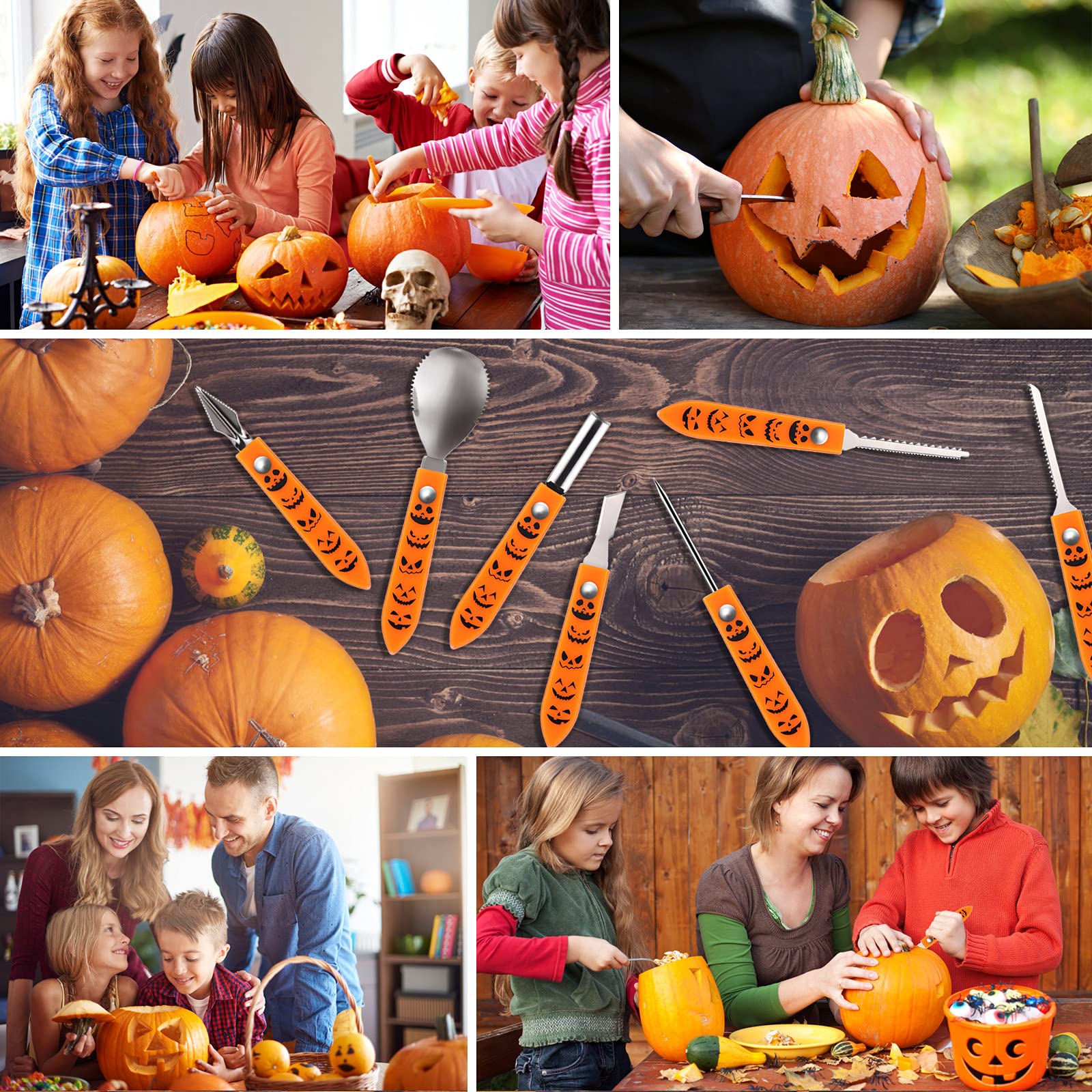Kit di Intaglio della Zucca 7 Pezzi Set per Intagliare di Zucca Halloween con Stencil di Zucca, Strumenti Professionale per Intagliare di Zucca in Acciaio Inossidabile per Adulti e Bambini