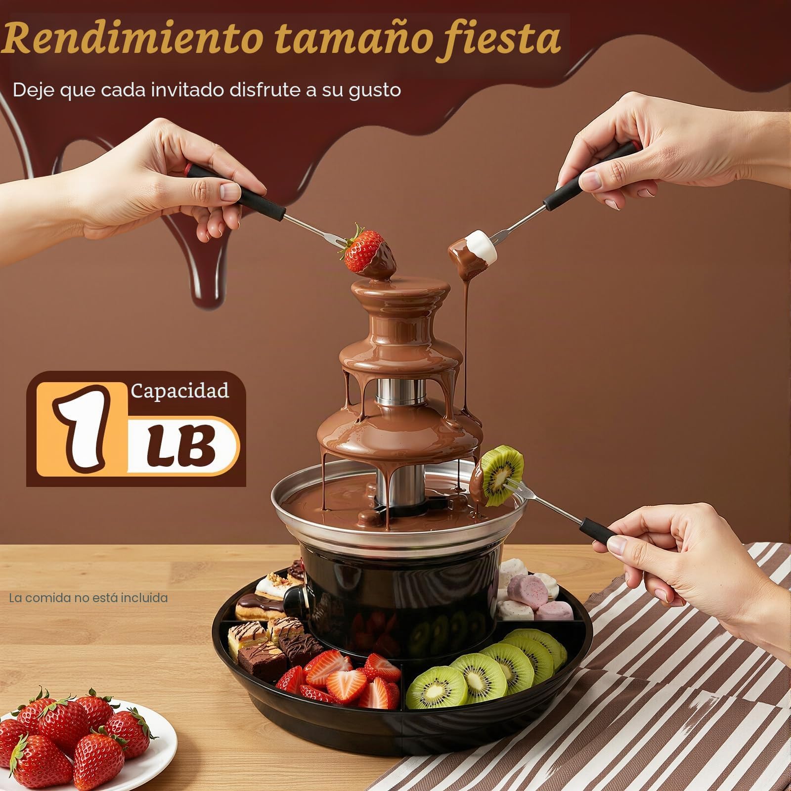 Fuente de Chocolate de 3 Pisos con Bandeja para Alimentos y Tenedores Fuente Chocolate Función de Fusión en Acero Inoxidable Fuente de Chocolate Cascada para Familiares/Bodas/Fiestas