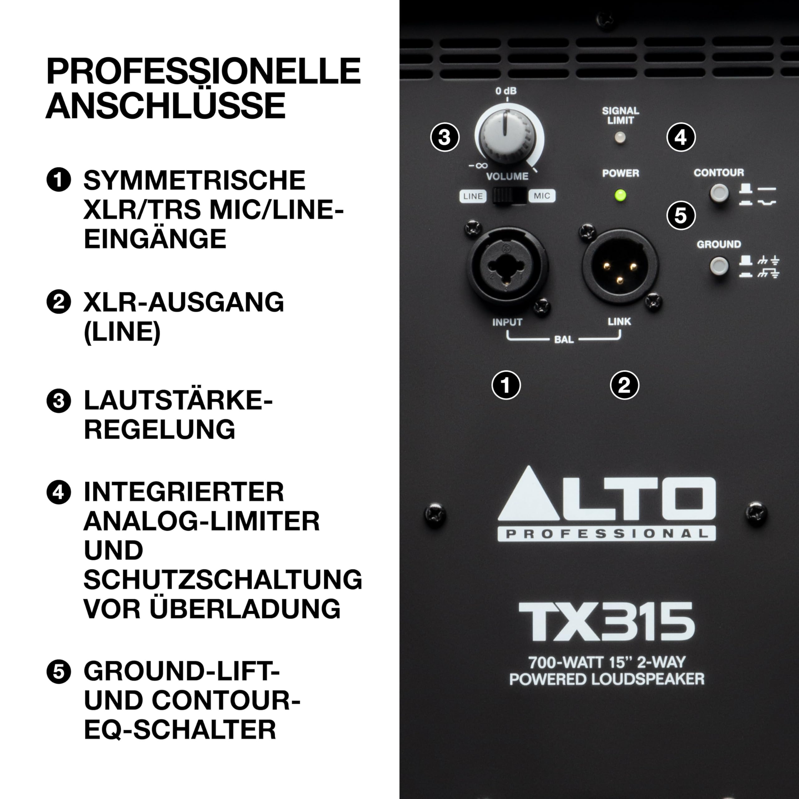 ALTO TX315-700 Watt 15-Zoll 2-Wege Aktiver PA-Lautsprecher mit Signal-Limiting und Schaltbarem Mikrofon/Line-Preamp und XLR In/Out