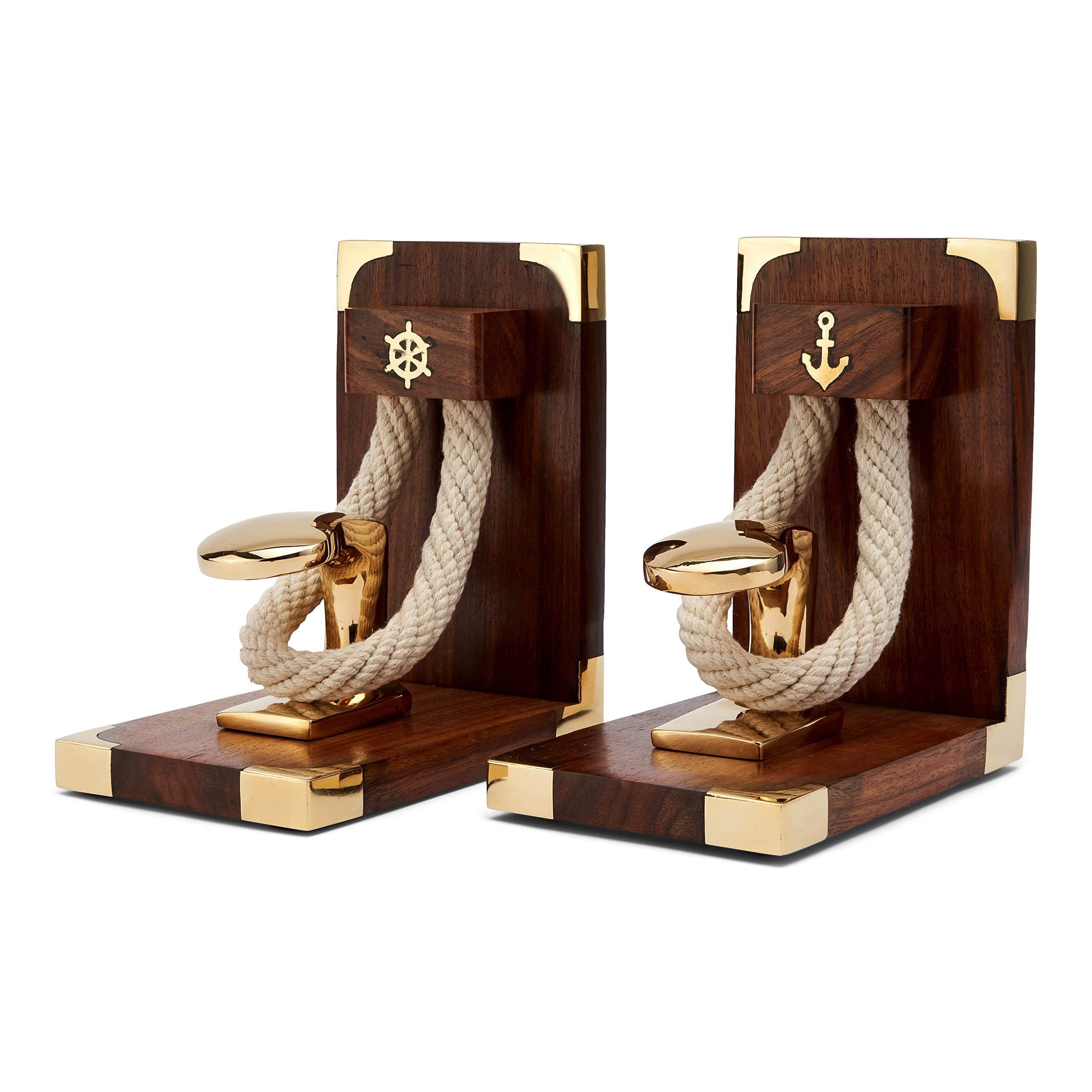 NKlaus 11527 Bookends with Bollard & Rope Wood Brass 31 x 16 x 9.5 cm Robust Book Holder with Maritime Flair for Your Bookshelf 1 Pair - Image 3