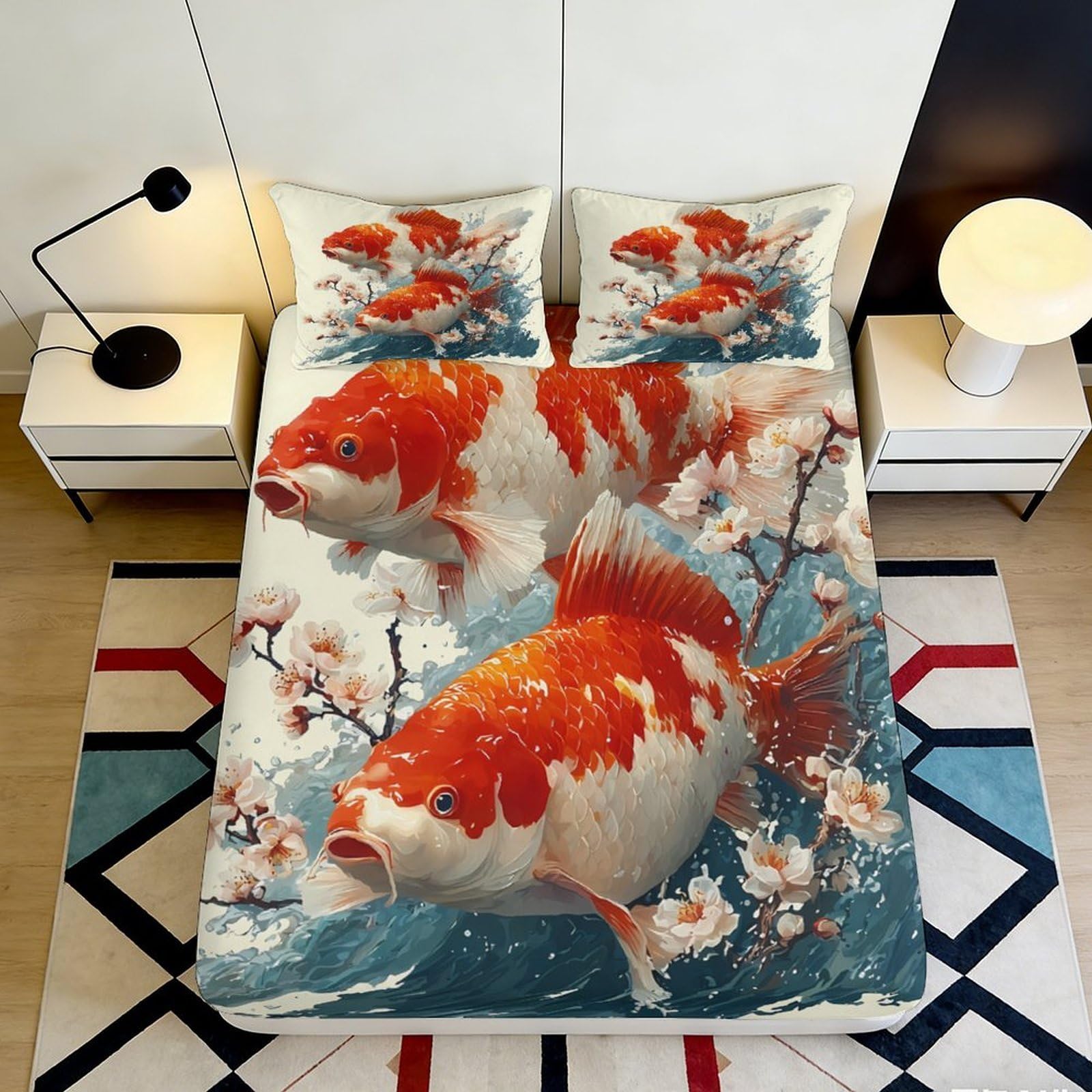 3D Printed Koi Fish Fitted Sheet Microfiber Soft Breathable Cherry Blossom Mattress Cover for Bedroom Dormitory Guest Room Mattress Protection Decor 90x200x25cm