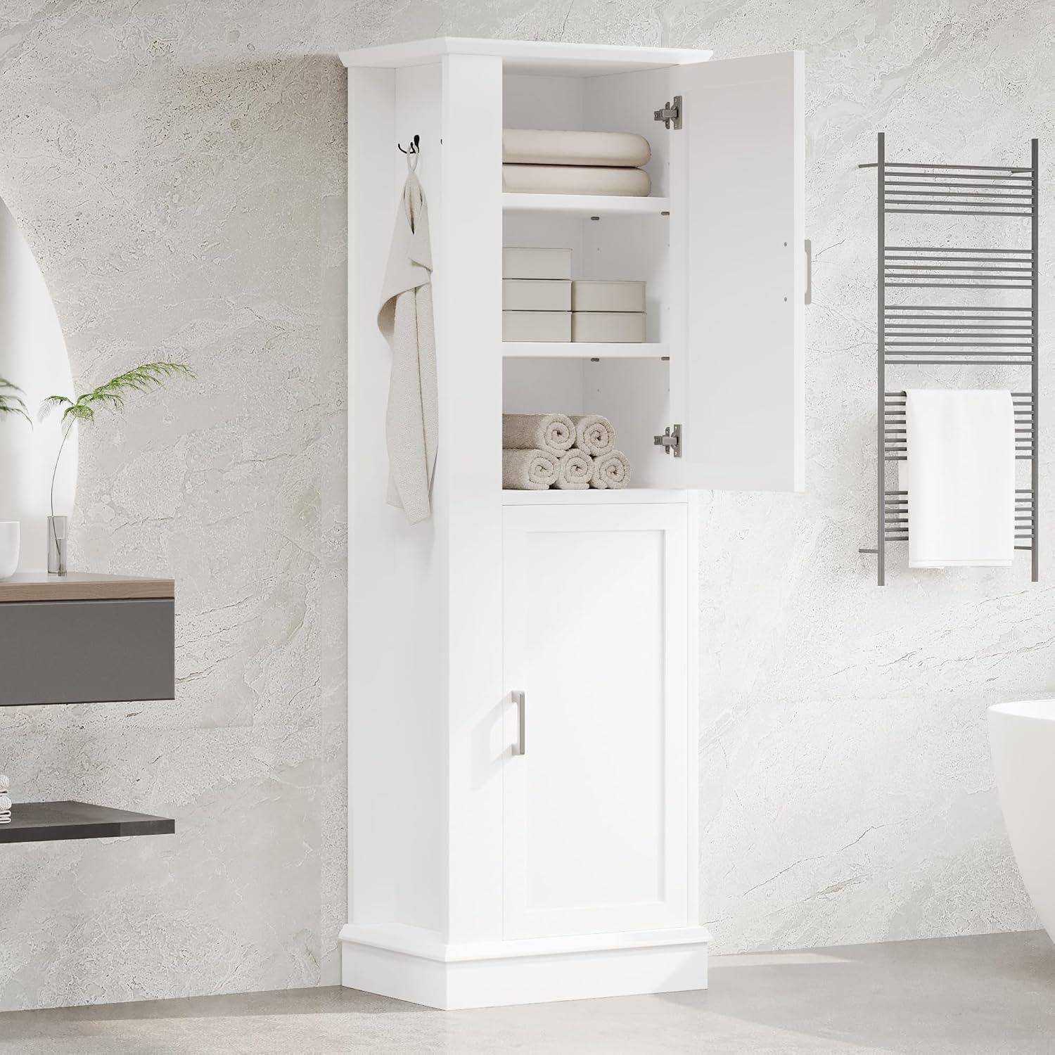 Bathroom Storage Cabinet with Hooks and Mop Holder, Two Doors, Adjustable Shelf, Left or Right Orientation Available, White