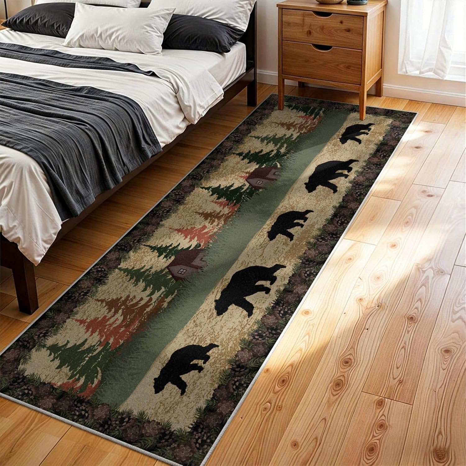 2x7 Rustic Cabin Rugs for Hallways,Woodland Wildlife Black Bear Runner Rug Non-Slip with Rubber Backing Country Decor for The Home Farmhouse Kitchen, Bedroom