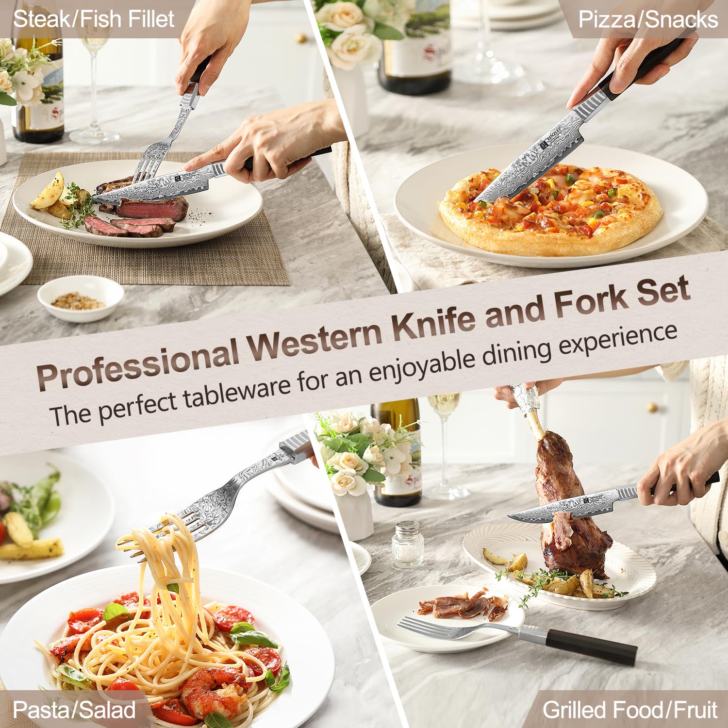 XINZUO Set de Couverts à Steak 2 Pièces-67 Couches Acier Damas Couteaux et Fourchettes à Steak-Couteau de Table Ensemble de Couteaux à Dîner-Ergonomique Poignée en Bois de Ébène-avec Boîte Cadeau