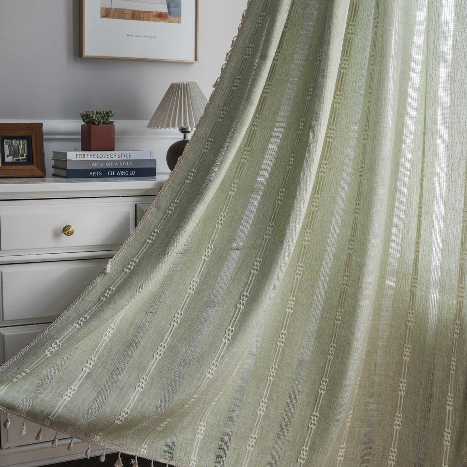 ColorBird Sage Curtain 84 inch Length, 2 Panels Farmhouse Linen Curtains for Living Room, Light Filtering Embroidered Curtains & Drapes for Dining Bedroom Nursery Doorways