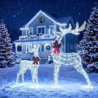 Tangkula 2 Pieces Christmas Lighted Reindeer Set with Cold White LED Lights | Large Yard Reindeer Holiday Decoration with 170 LED Lights, Ground Stakes, Zip Ties, Indoor/Outdoor Festive Decoration