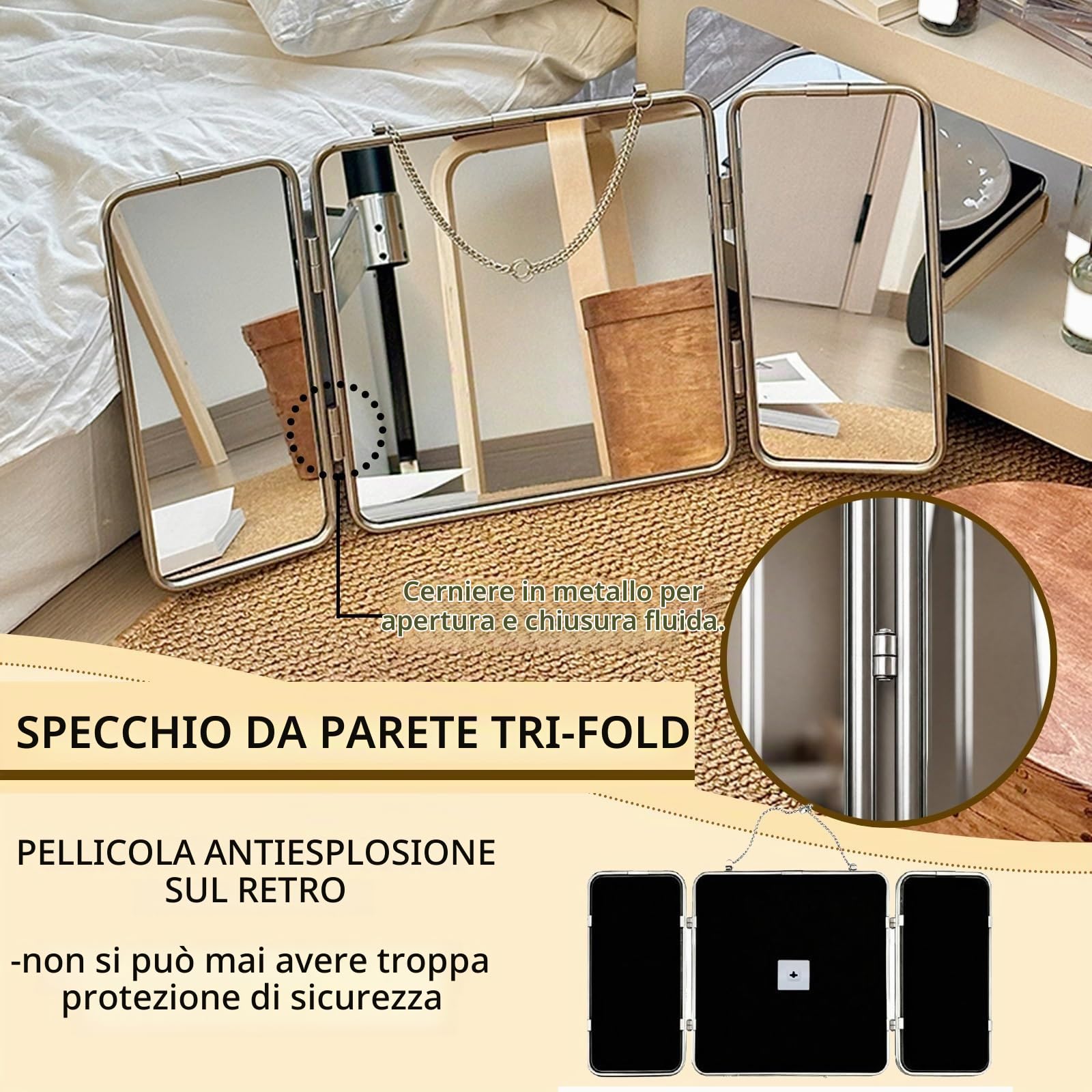 Specchio da Trucco Quadrato A Tre Ante, Specchio da Parete con Cornice in Acciaio Inossidabile 304, Specchio Decorativo HD 30 * 60 Cm, per Bagno, Camera da Letto