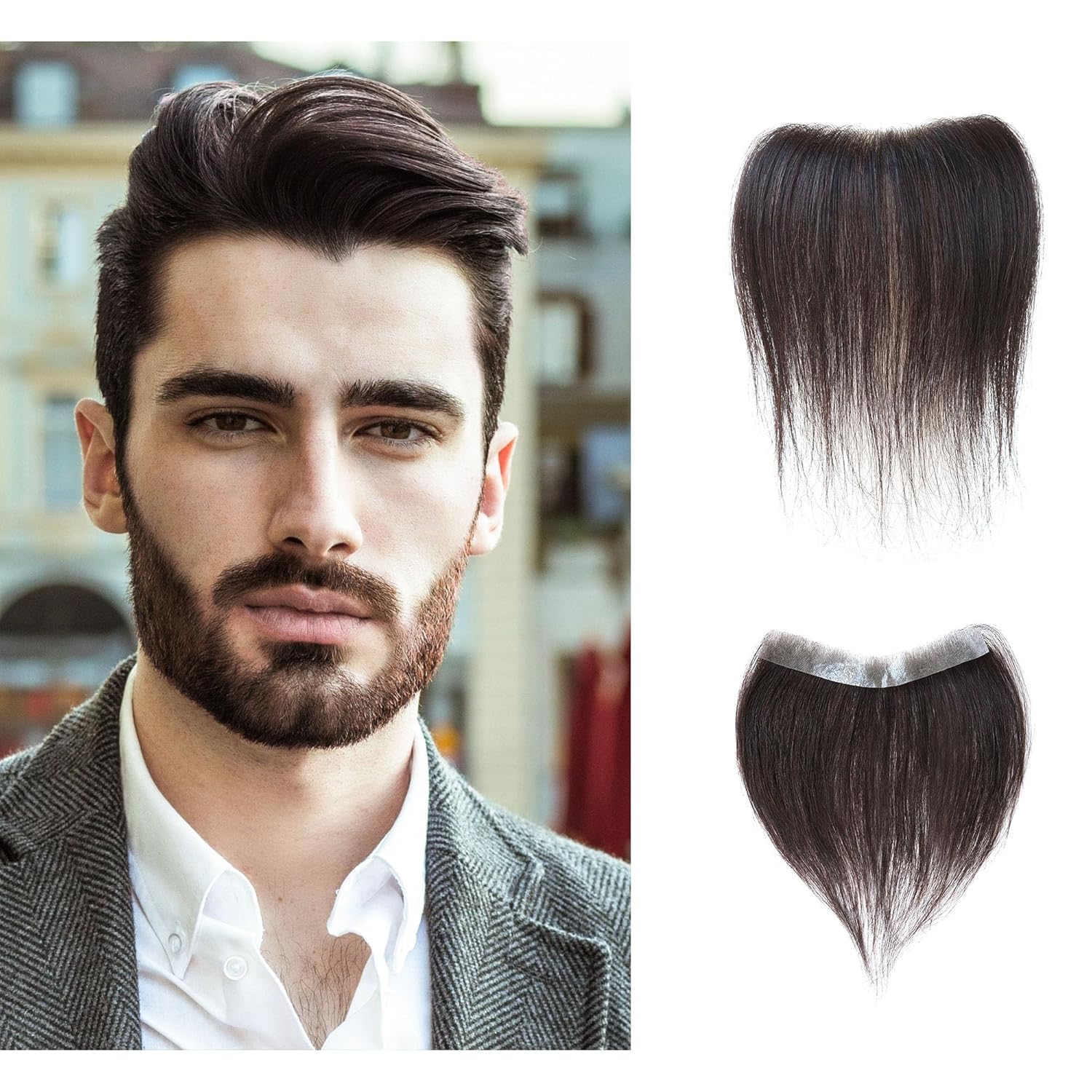 viviaBella men's toupee hairline straight tape in human hair vshape natural black