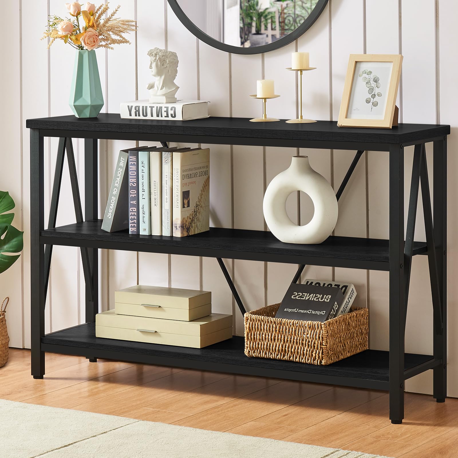 HOMISSUE Entryway Console Table, Rustic Console Tables with Wide Storage, Industrial Foyer for Entry with 3-Tier Open Shelves, Entryway Table for
