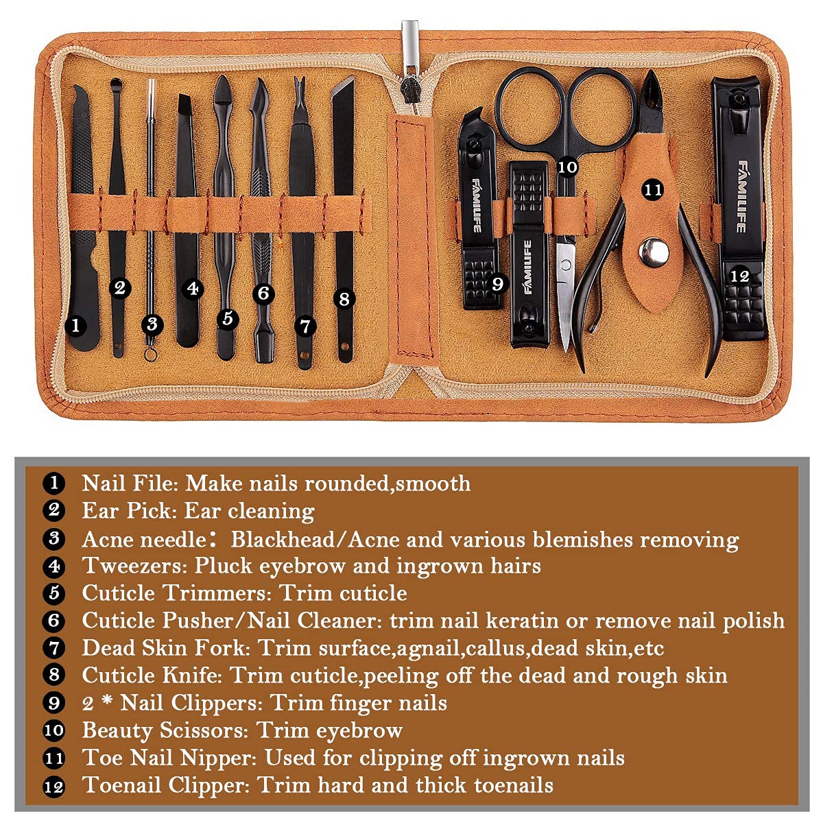 FAMILIFE Manicure Set, Professional Manicure Kit Nail Clippers Set 13pcs Stainless Steel Pedicure Tools Kit Grooming Kit with Portable Brown Leather Travel Case for Women Girl Men : Beauty & Personal Care
