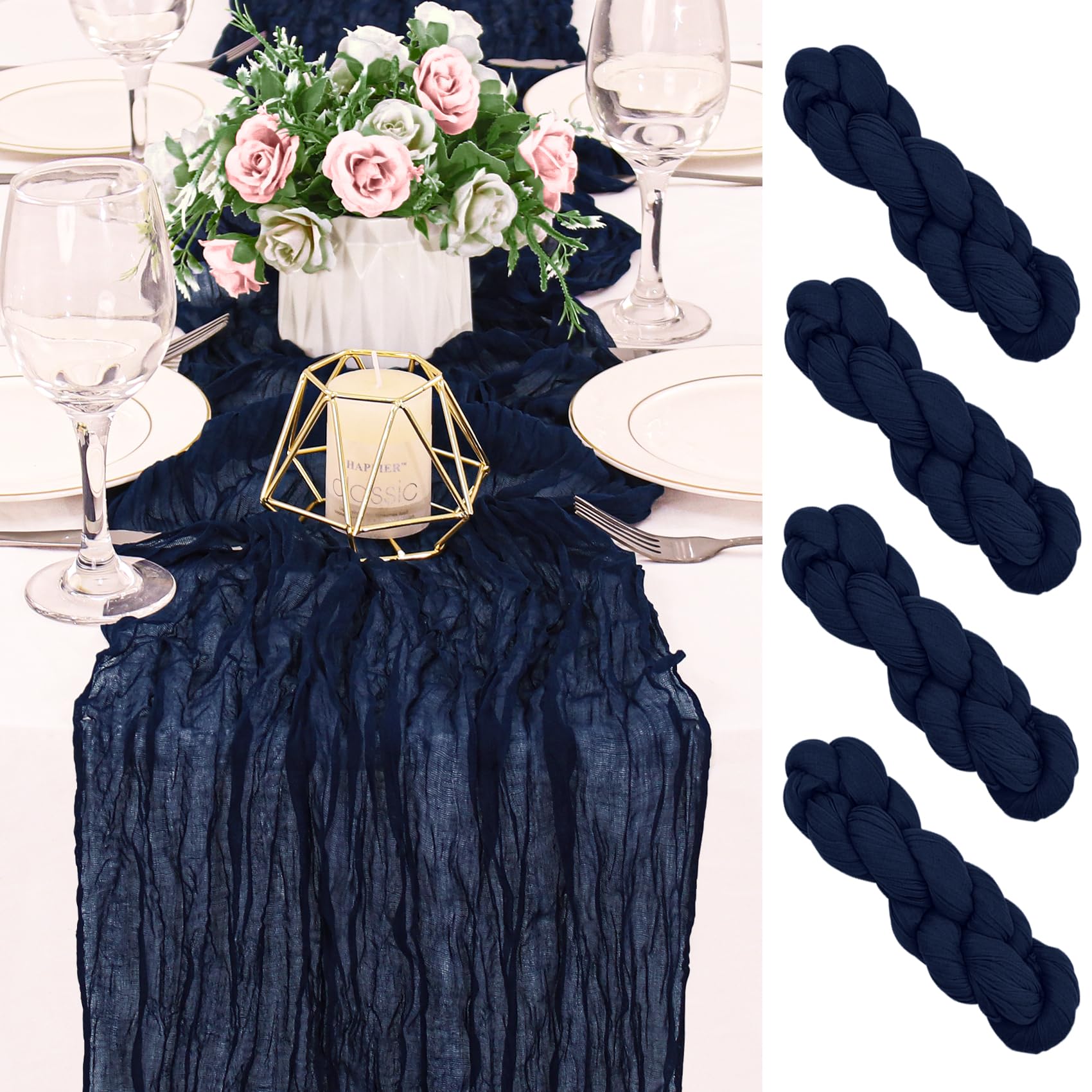4 Pack 120 Inch Navy Blue Cheesecloth Table Runner Boho Rustic Gauze Sheer Romantic 10 FT Long Cheese Cloth Table Runner for Bridal Baby Shower