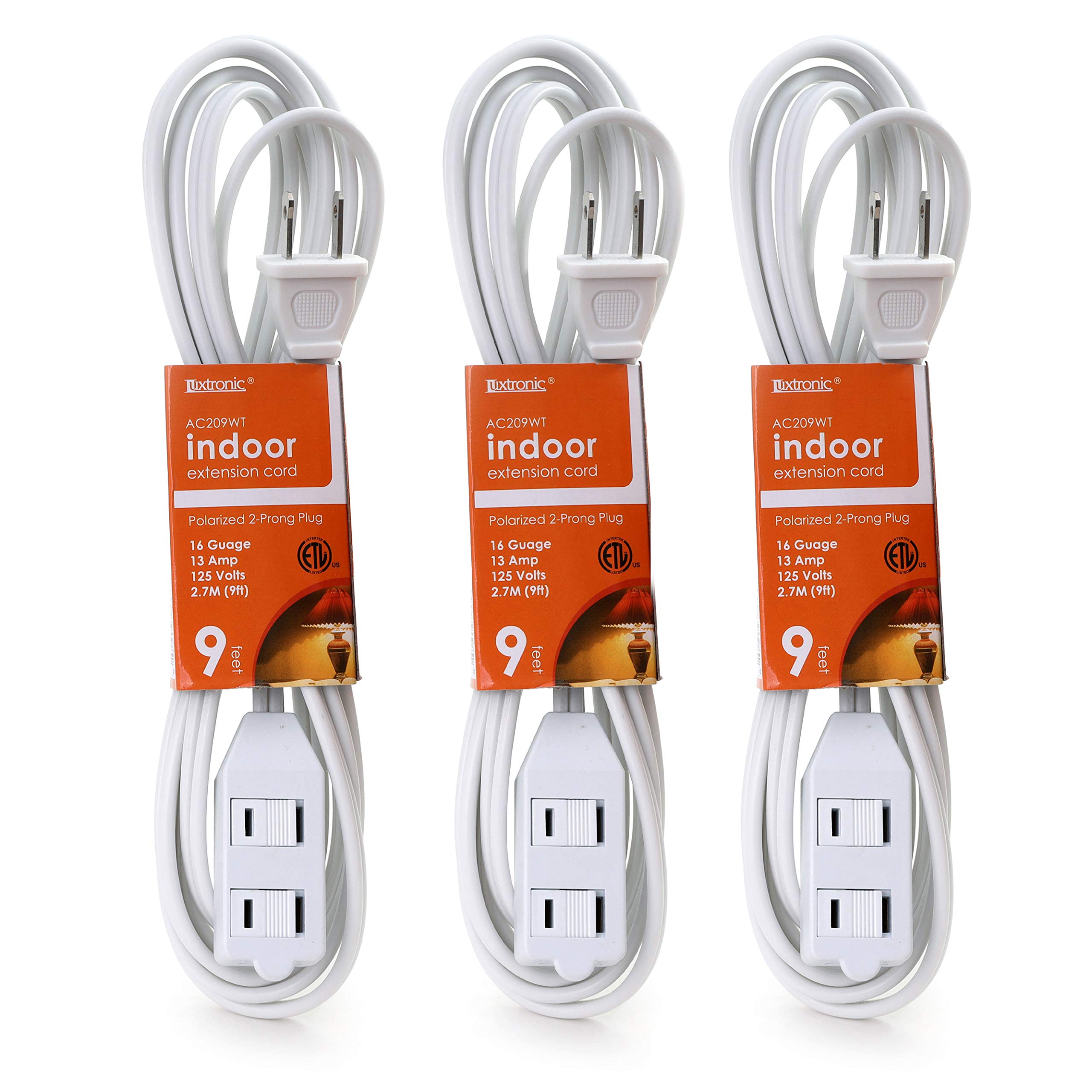 Luxtronic 2-Prong Indoor Extension Cord - Includes 3 Polarized Outlets with Protective Plug Cover - ETL Certified, 16 Gauge, 125 Volts (9 Feet Long, White) - Pack of 3