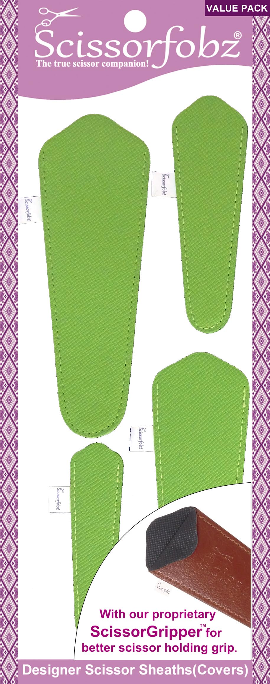 SCISSORFOBZ Designer Scissors Sheaths Shears Protective Covers-4 pcs Assorted Size Value Pack - Textured LIME GREEN Design-#4-314
