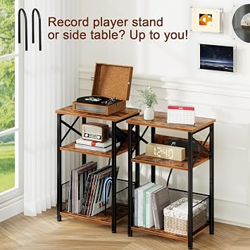 AMHANCIBLE Record Player Stand with Charging Station, Vinyl Record Storage