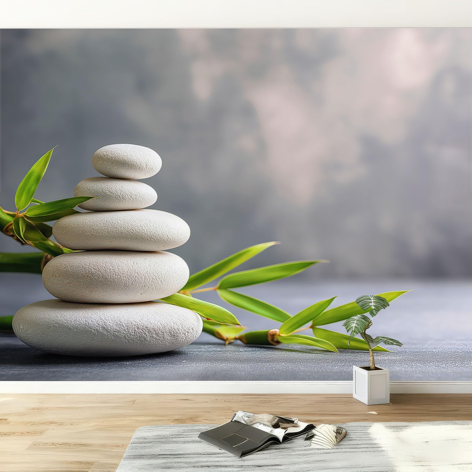 Papier peint panoramique japonais en intissé gris avec motif pierres et bambou 300x210 cm