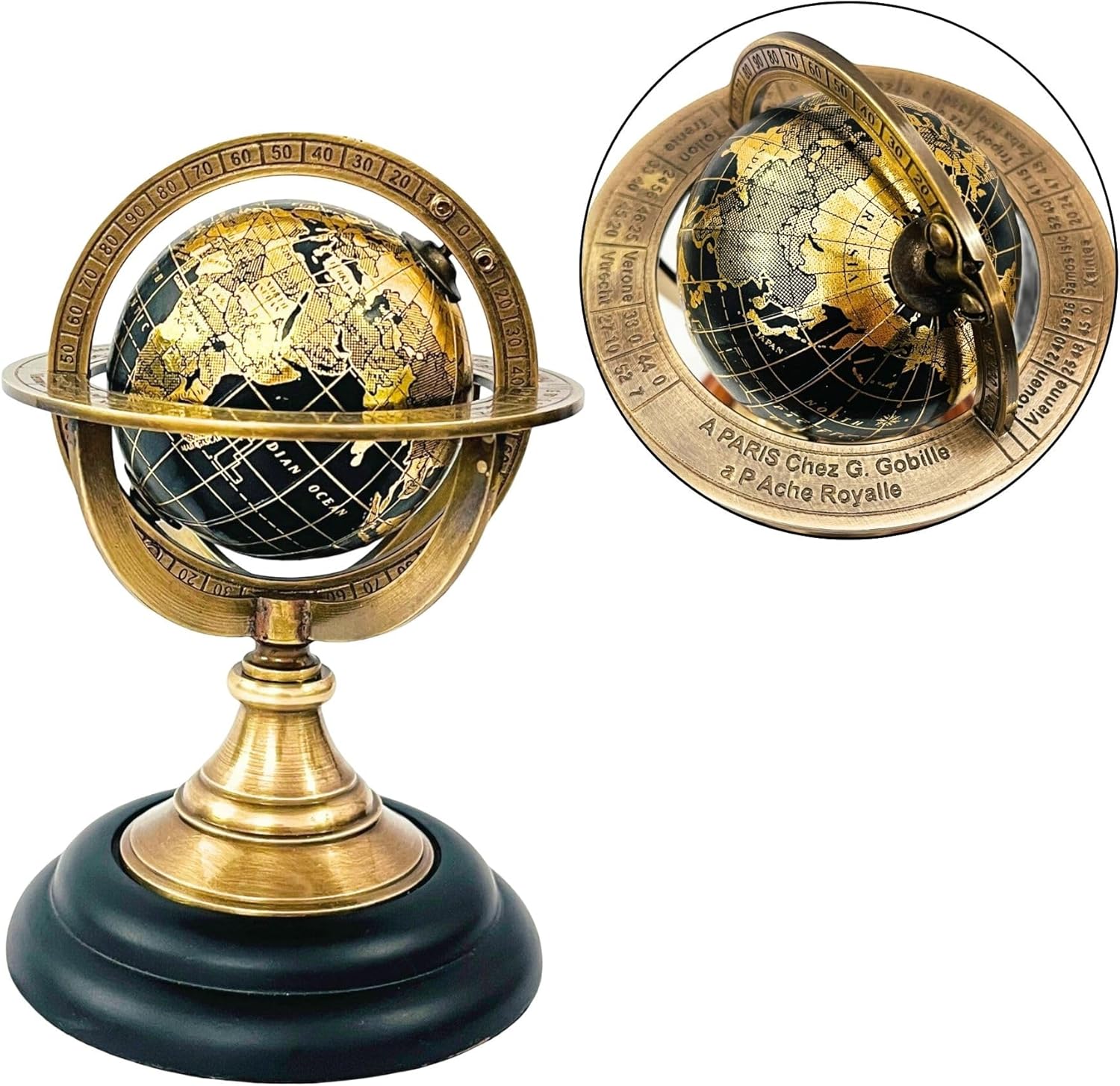 5.10" Nautical Brass Armillary Sphere World Globe with Jet Black Map & Black color Wooden Base – Elegant & Durable Decorative Accent for Home or Office