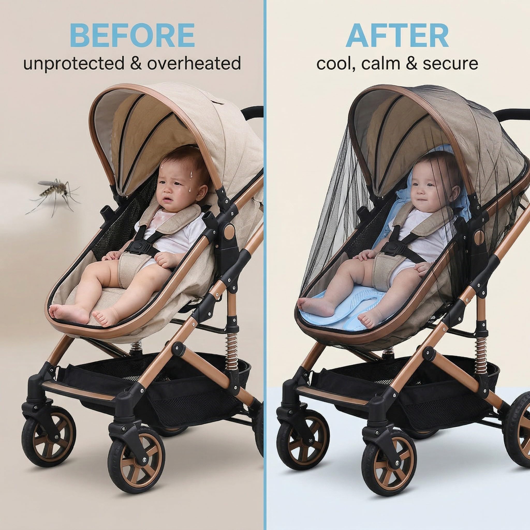 2 Pezzi, Set Zanzariera e Copertina Rinfrescante per Passeggino, Rete Antizanzare e Federa in Tulle di Cotone e Seta Ghiacciata, Ideale per Neonati in Estate, Nero e Blu Ghiaccio