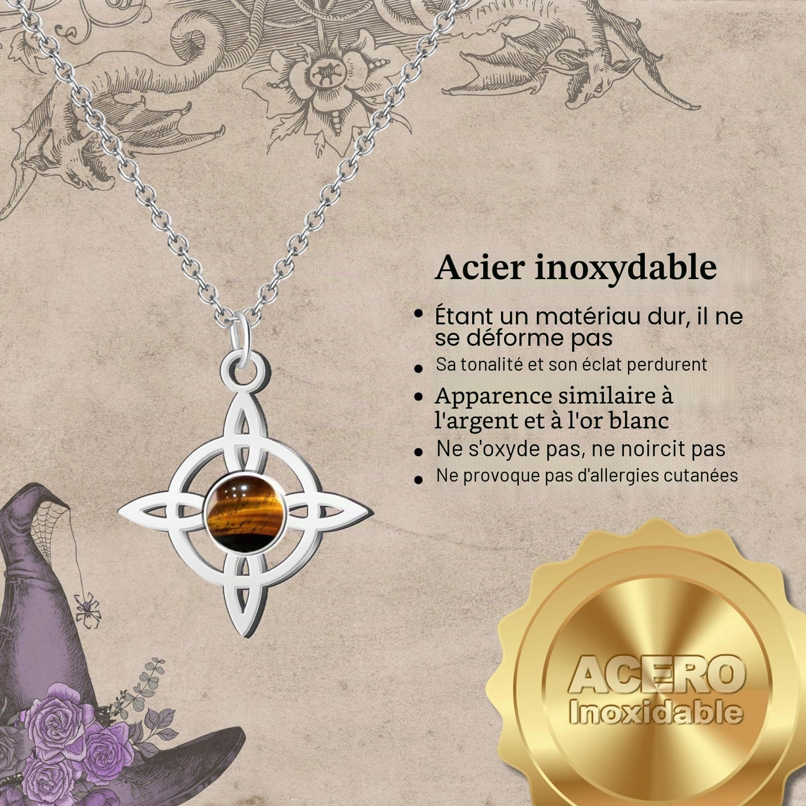 cotigo Collier pour femme noeud de sorcière avec pierre naturelle et acier inoxydable + cadeau un bracelet à 7 nœuds, nœud de sorcière double protection, amulette de chance, cadeau femme.